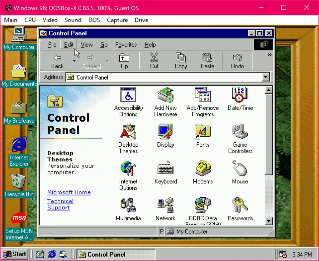 Panel de control de Windows 98 en pantalla.