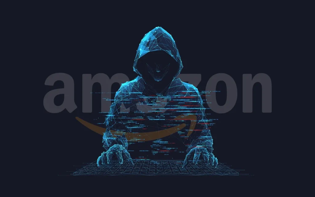 Hacker en fondo con logo de Amazon
