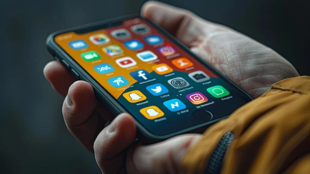 Móvil con aplicaciones populares en pantalla principal.