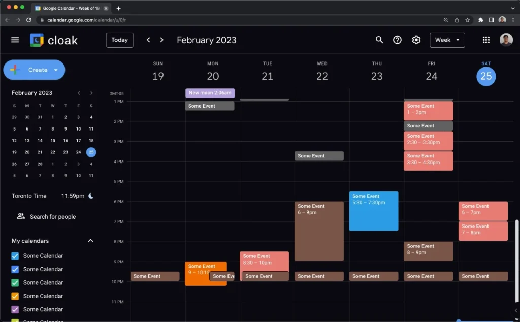 Calendario Google con eventos semanales en febrero.