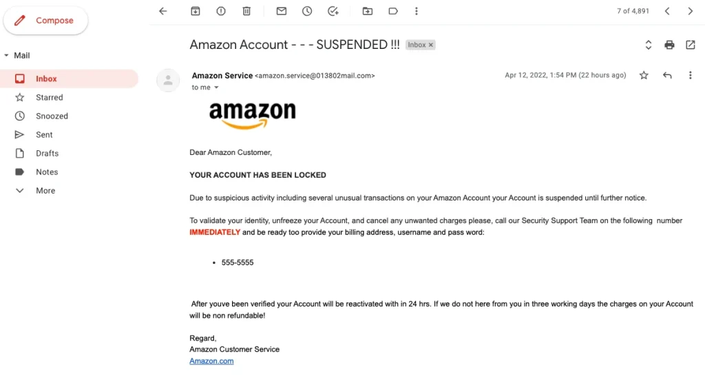 Correo de suspensión de cuenta Amazon falso