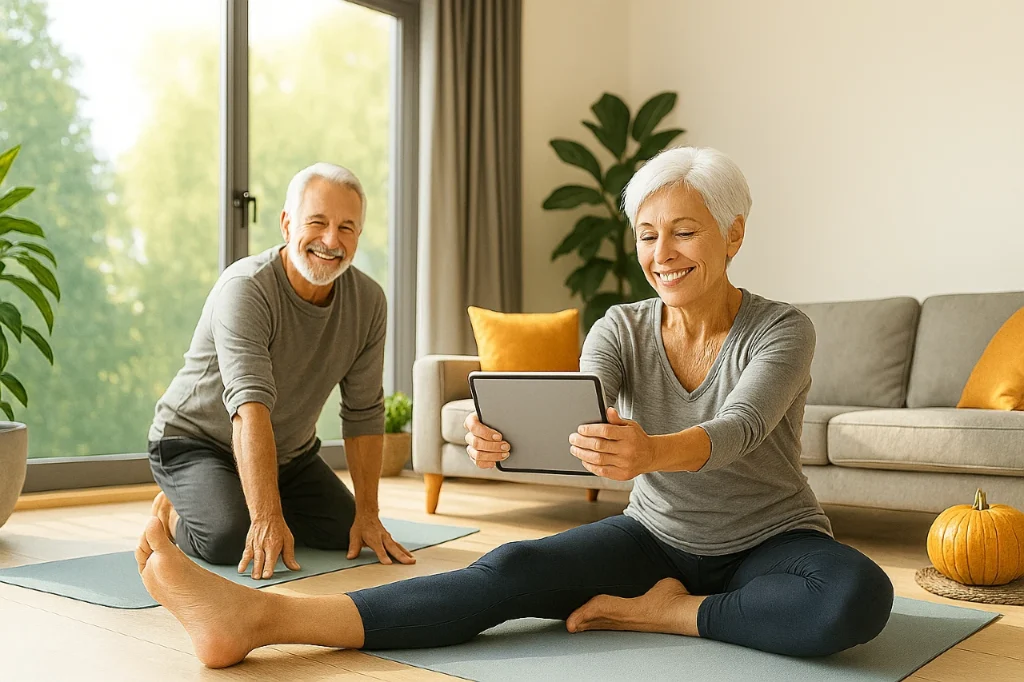 Pareja mayor haciendo yoga con tableta en casa