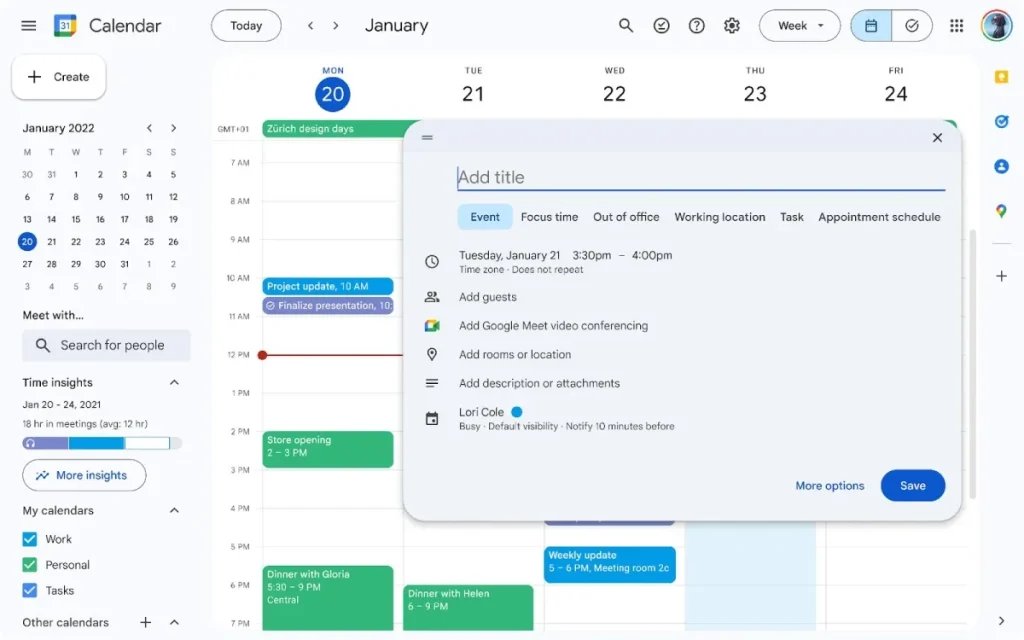 Interfaz del calendario de Google con eventos programados