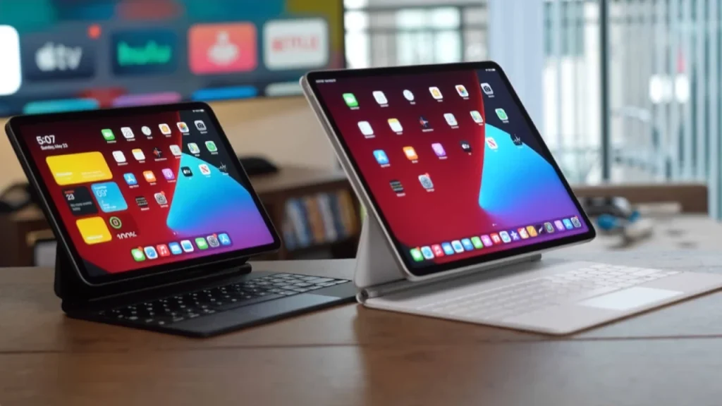 Dos tablets con teclados en un escritorio moderno.
