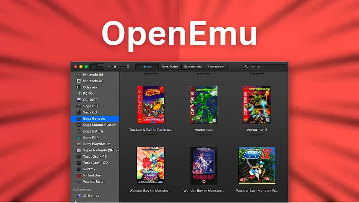 Interfaz de OpenEmu con juegos retro.