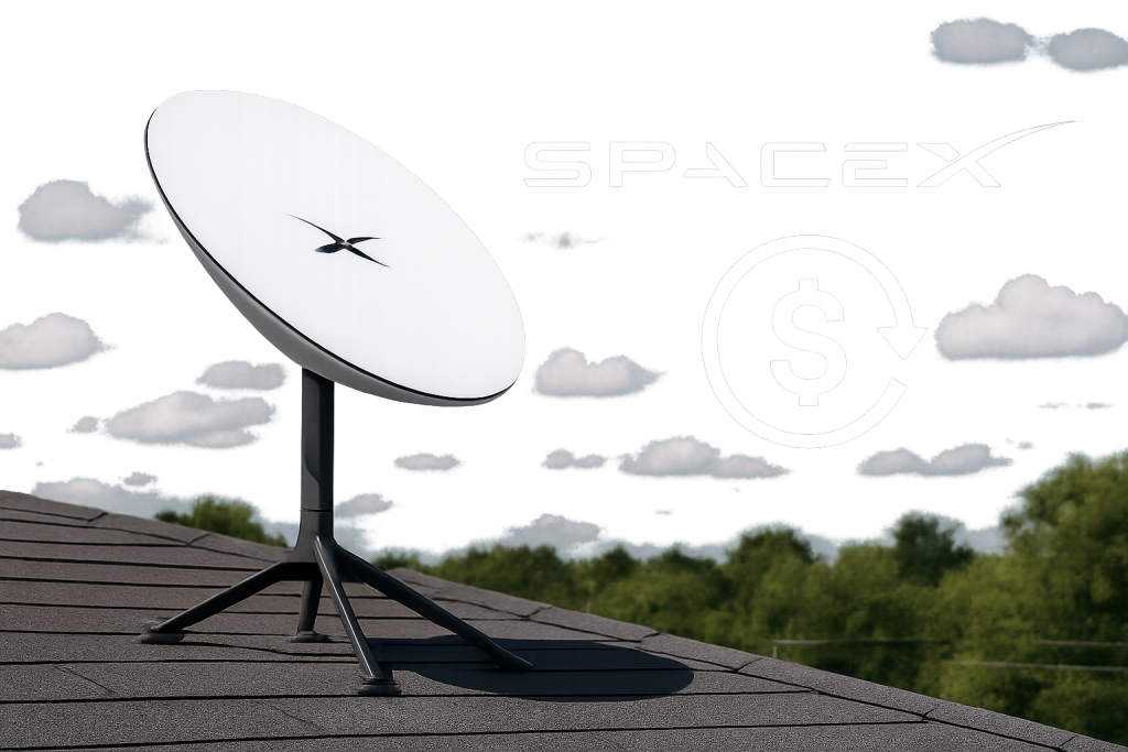 Antena Starlink instalada en techo con logo SpaceX y símbolo de tarifa mensual recurrente