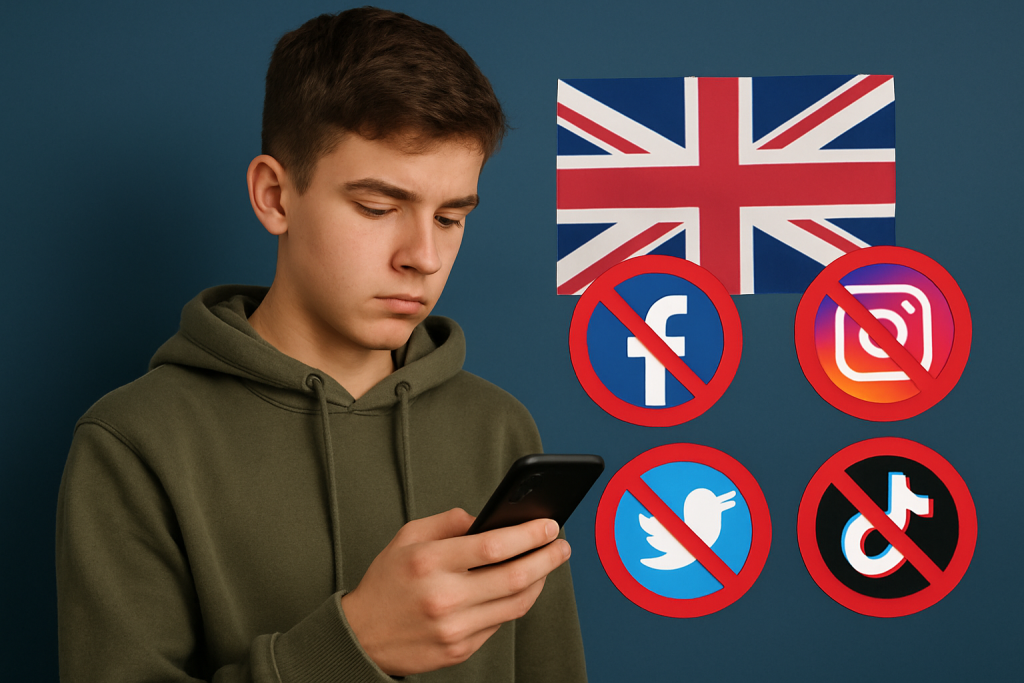 Adolescente mirando el móvil con iconos de redes sociales bloqueados en Reino Unido