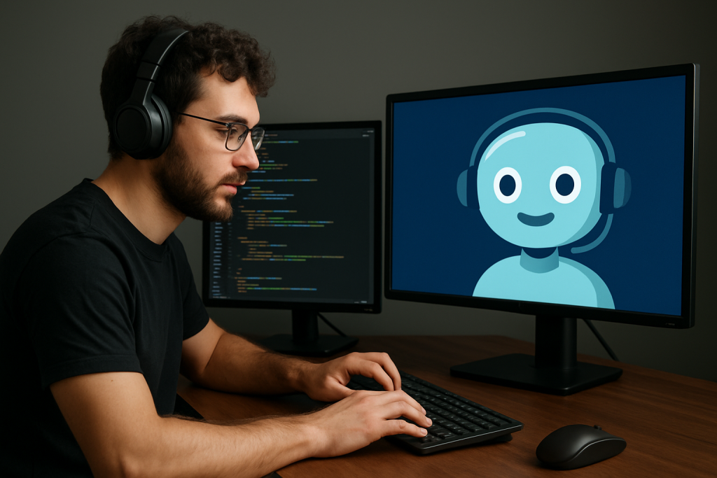 Desarrollador usando vibe coding con asistente de inteligencia artificial en pantalla