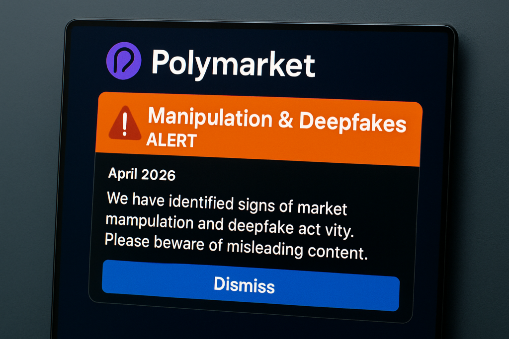 Pantalla de Polymarket con alerta de manipulación y deepfakes en 2026