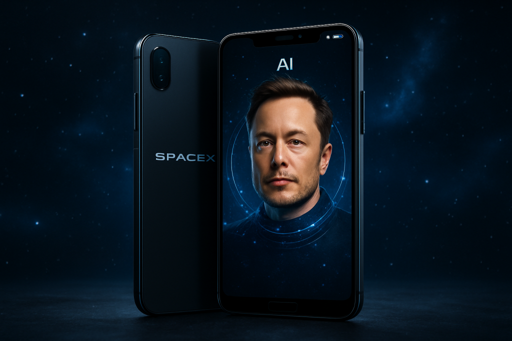 Prototipo de teléfono SpaceX con IA de Elon Musk sobre fondo espacial futurista