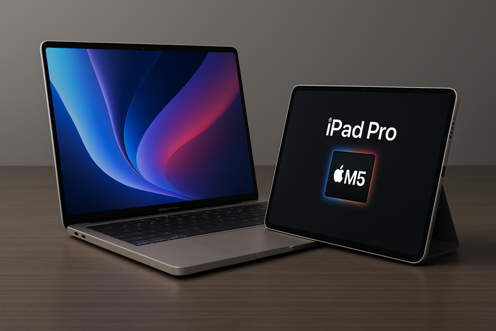Apple MacBook Pro e iPad Pro M5 2026 sobre escritorio con diseño delgado en titanio