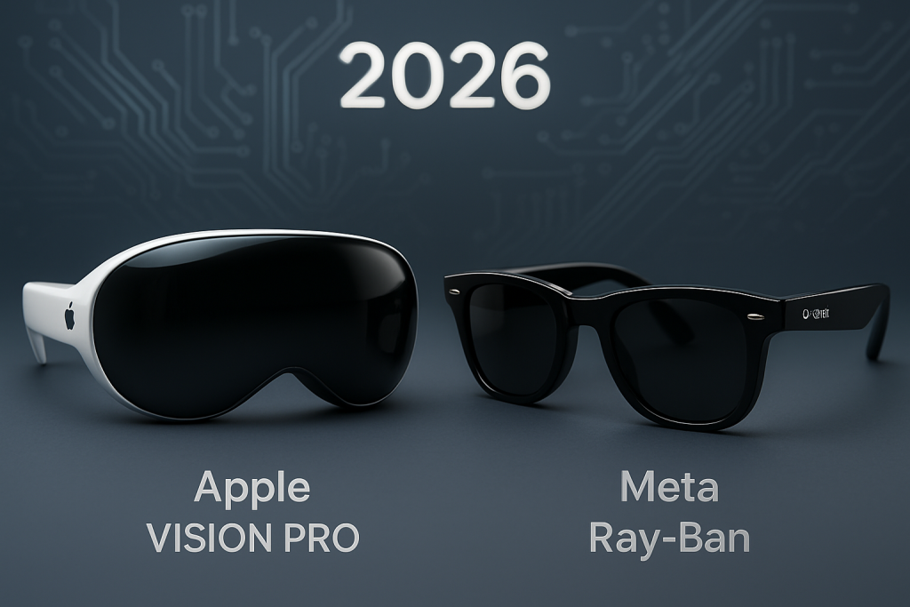 Gafas inteligentes de Apple comparadas con Meta Ray-Ban sobre fondo tecnológico 2026