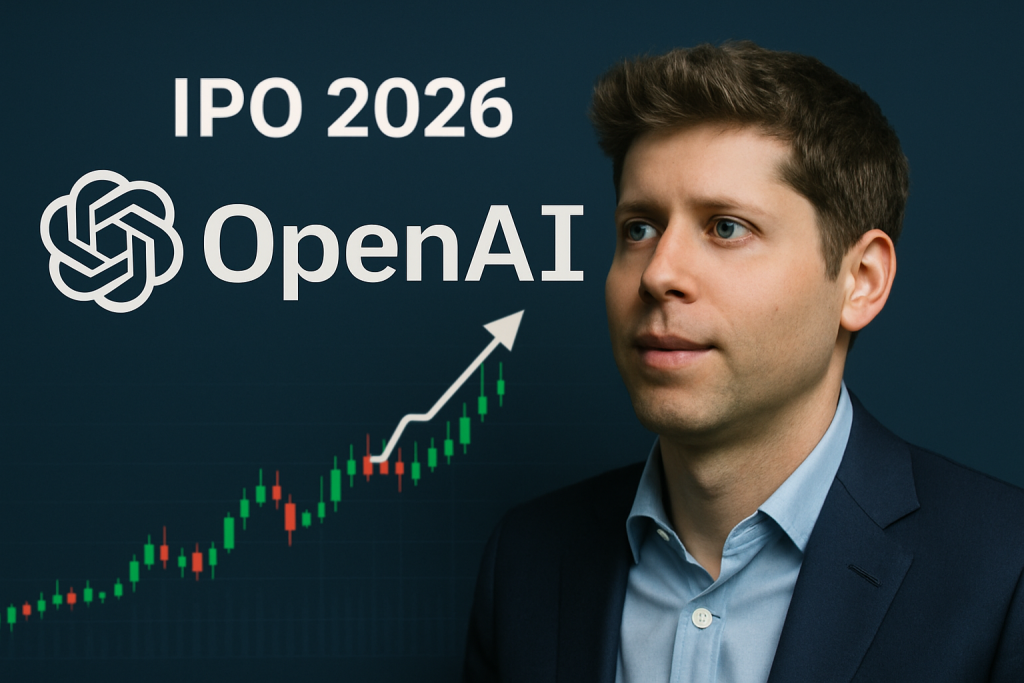 Logo de OpenAI sobre gráfico bursátil representando el IPO 2026 y Sam Altman