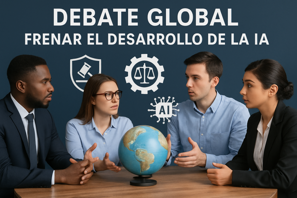 Debate global sobre frenar el desarrollo de la IA ilustrado con iconos de regulación y código