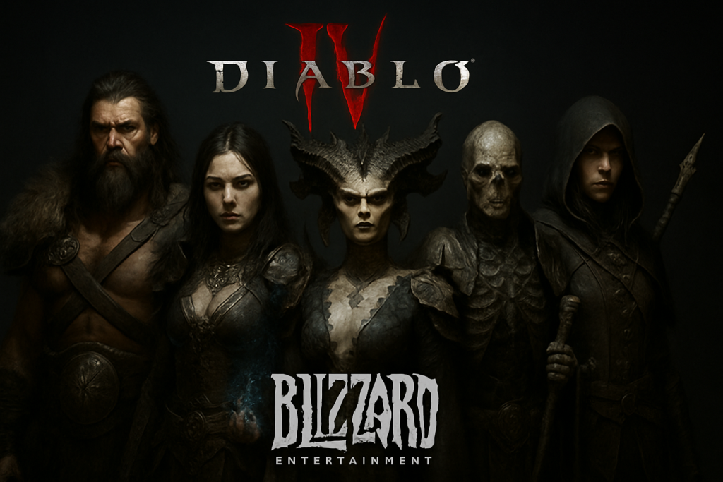 Ilustración oscura de Diablo V con clases de personaje y logo oficial de Blizzard