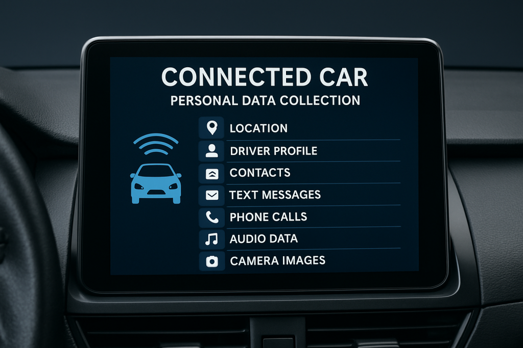 Panel de datos de automóvil conectado mostrando recopilación de información personal del conductor