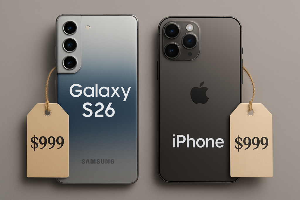 Samsung Galaxy S26 junto a iPhone con etiquetas de precio al estilo premium 2026