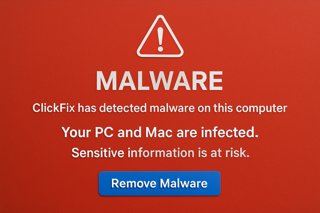 Pantalla de error falso de ClickFix infectando PC y Mac con malware en 2026