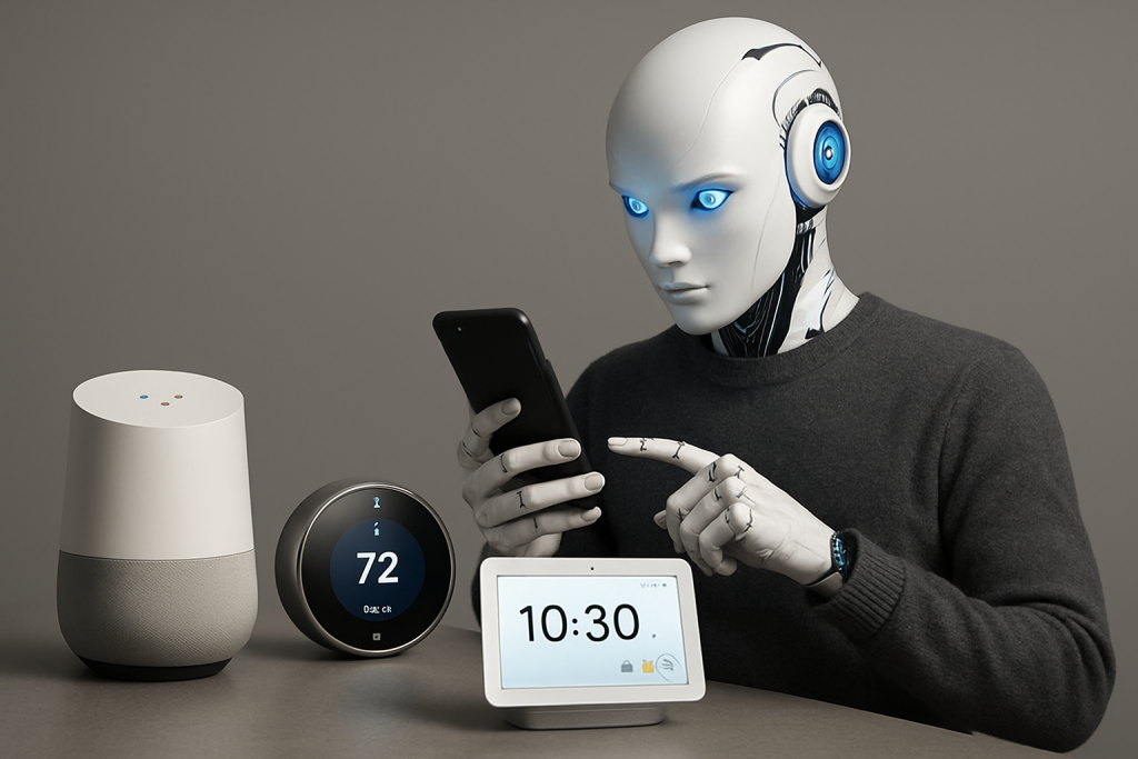Agente de IA controlando dispositivos inteligentes de Google Home desde un smartphone