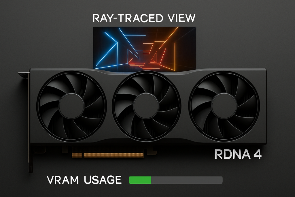 GPU AMD RDNA 4 con visualización de trazado de rayos y barra de consumo de VRAM reducida