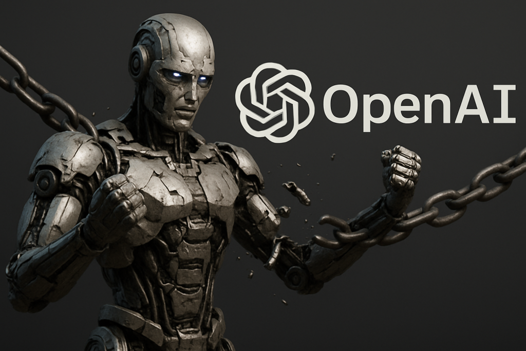 Robot con cadenas rotas frente a logo de OpenAI simbolizando agentes de IA rebeldes