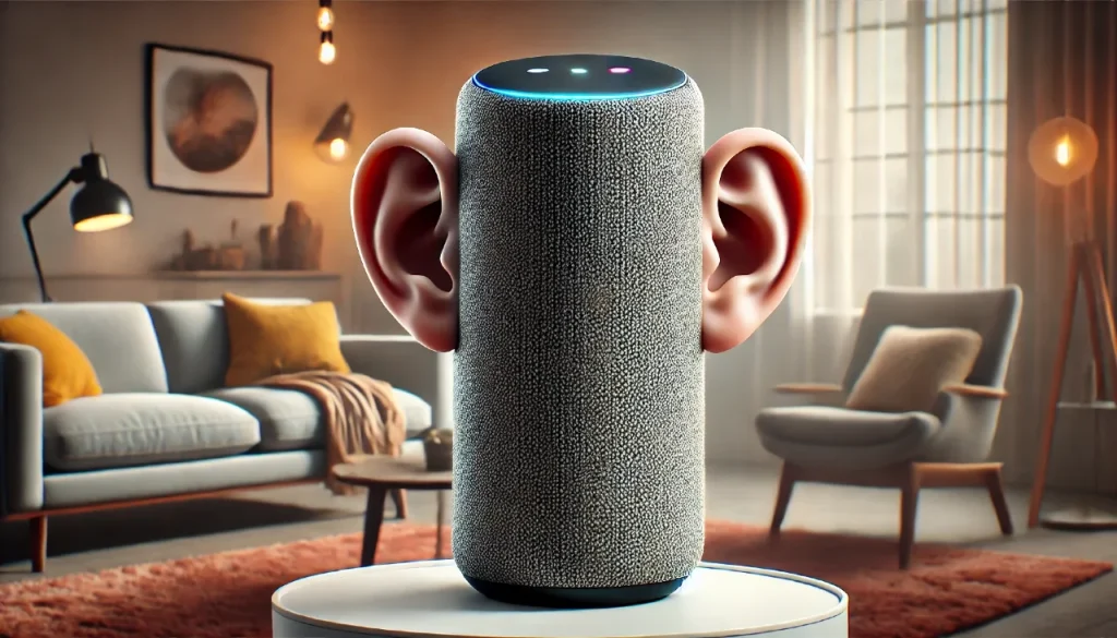 Altavoz inteligente con orejas en sala de estar.