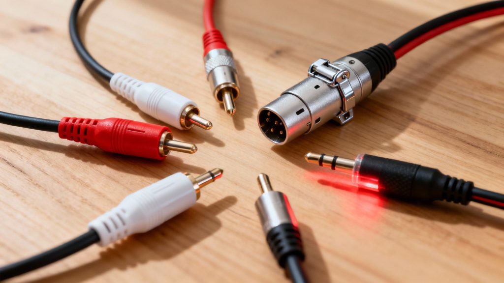 Cables de audio conectores sobre mesa de madera.